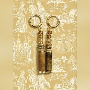 Ancient Genuine Jade Of Earth Colors In 18K Gold Plated Earrings